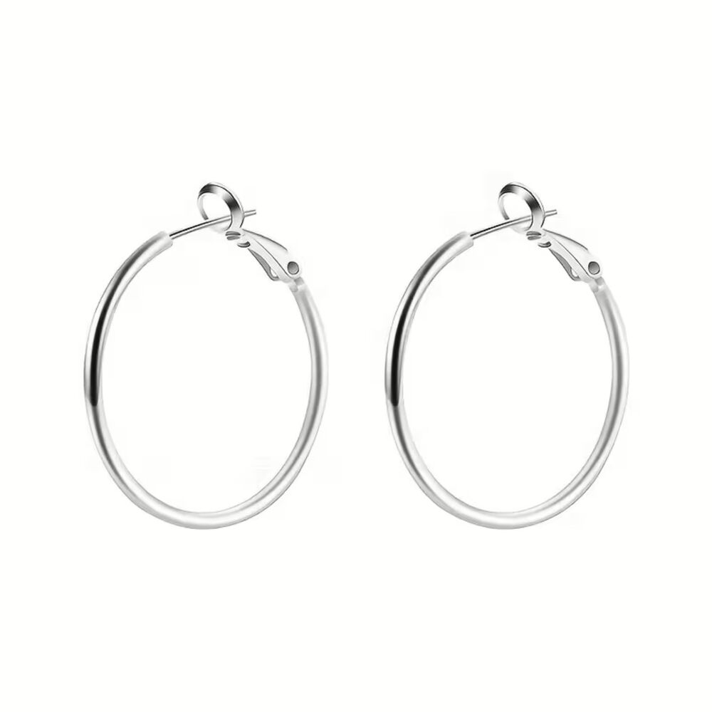 Large Silver Thin Hoop Earrings 2" Skinny Round Polished Hoops Secure Back